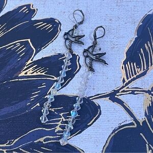 OOAK Handmade Brass Tone Bird and Sparkling Bead Dangle Earrings B2
